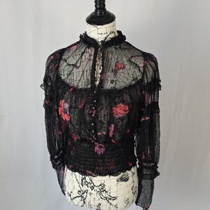 Free People Black and Pink Sheer Floral Blouse